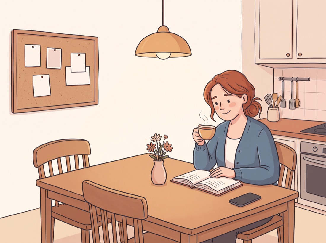 La même cuisine apaisée, la mère prend un thé avec un livre